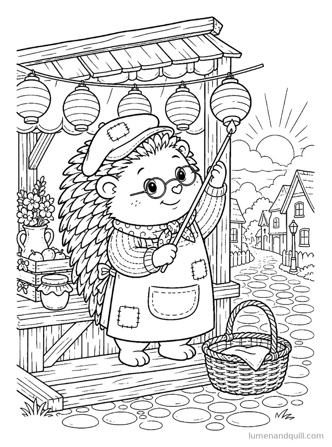 Kleurplaat uit Ambrose's Cozy Whimsical Market: Ochtendlantaarns