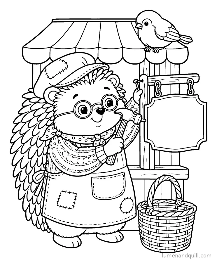 Kleurplaat uit Ambrose's Cozy Whimsical Market: Het bord repareren