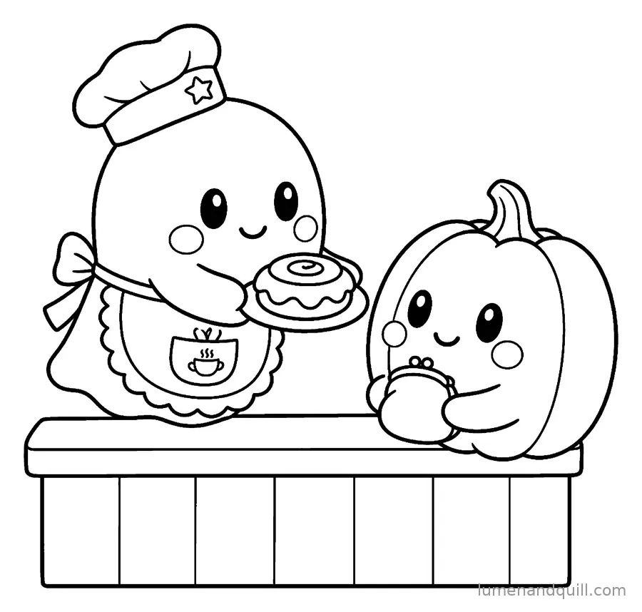 Ausmalbild aus Boo's Cozy Tea Bakery: Kürbis als Kunde