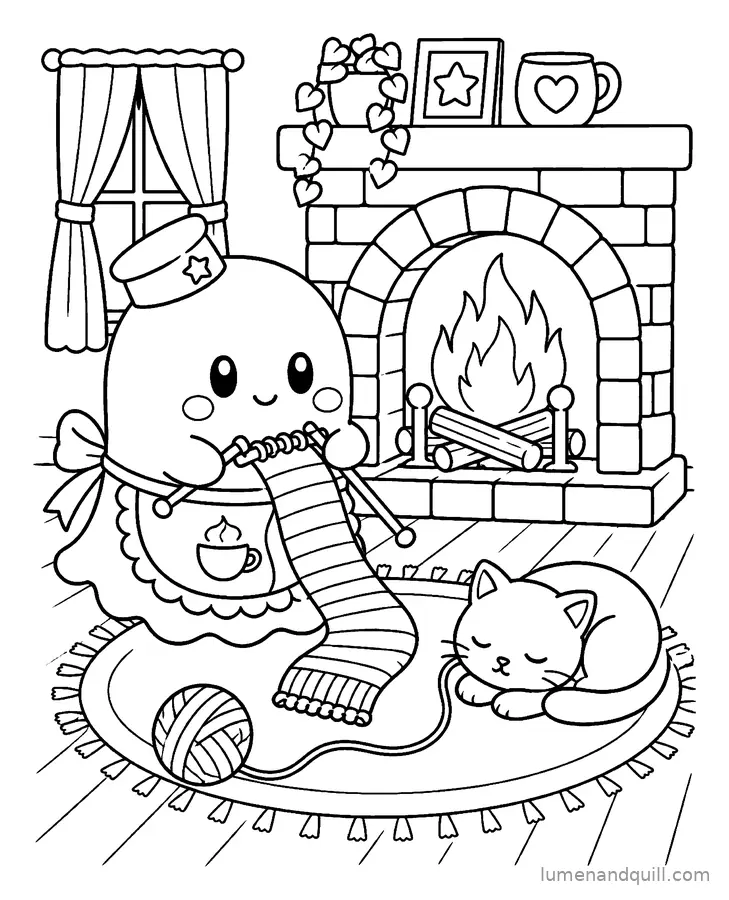 Ausmalbild aus Boo's Cozy Tea Bakery: Stricken am Kamin
