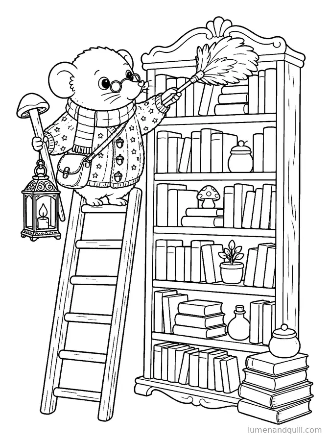 Kolorowanka z książki Bram's Lantern Bookshop: Odkurzanie regałów
