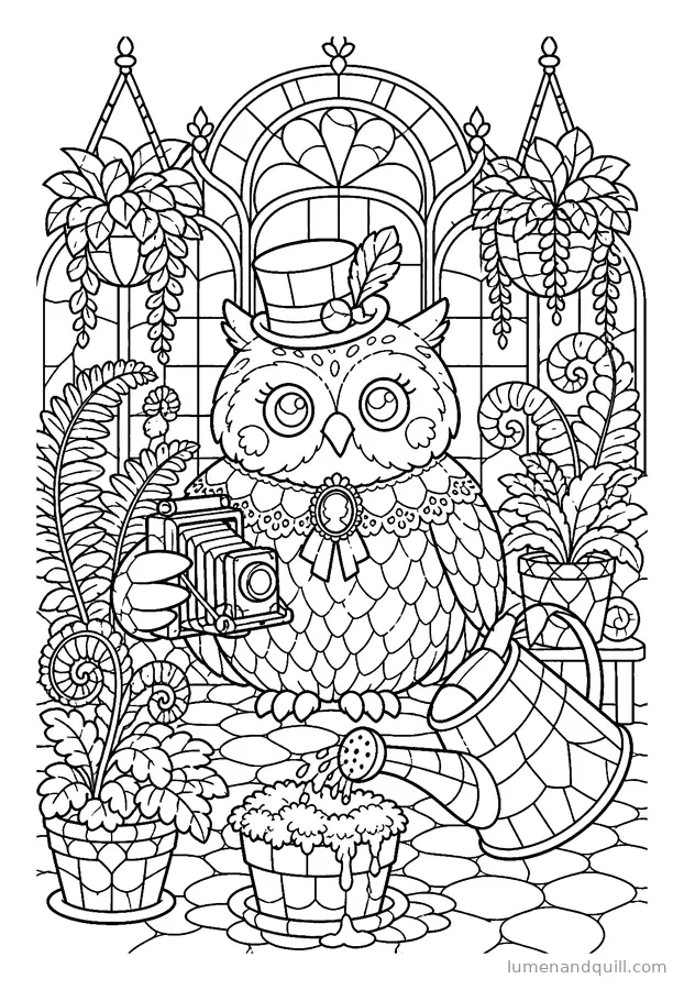 Dibujo para colorear de Bramwell the Gothic Owl: El invernadero