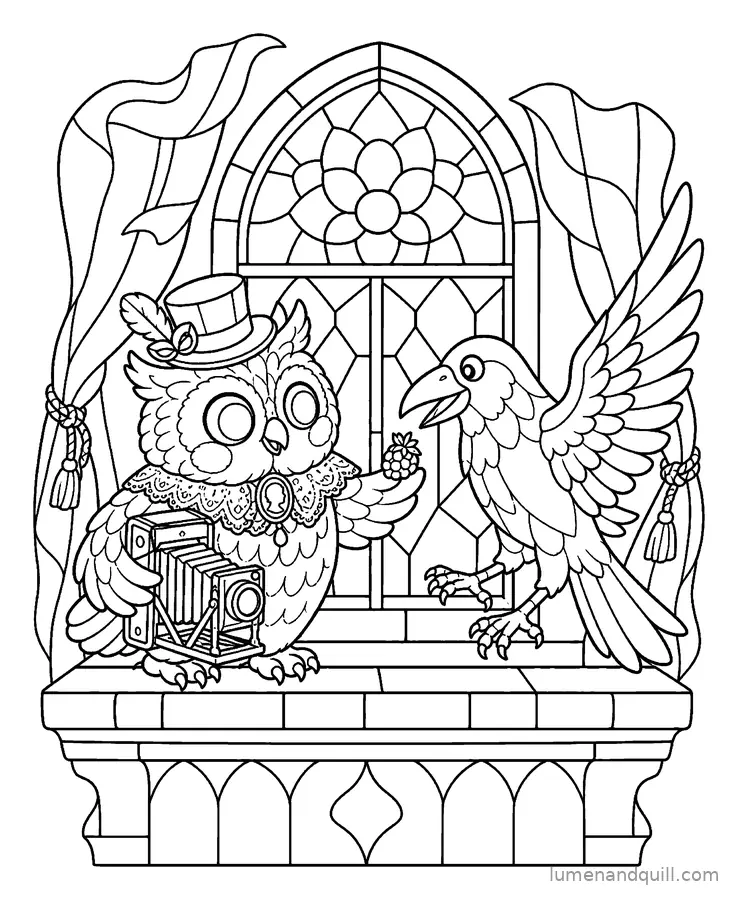 Dibujo para colorear de Bramwell the Gothic Owl: La visita del cuervo