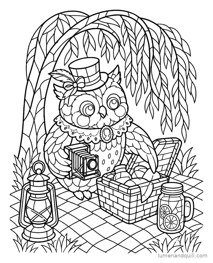 Dibujo para colorear de Bramwell the Gothic Owl: Picnic en el jardín
