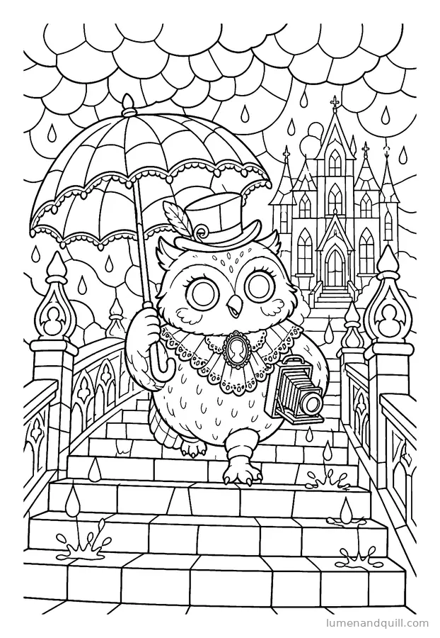 Dibujo para colorear de Bramwell the Gothic Owl: Empieza a llover
