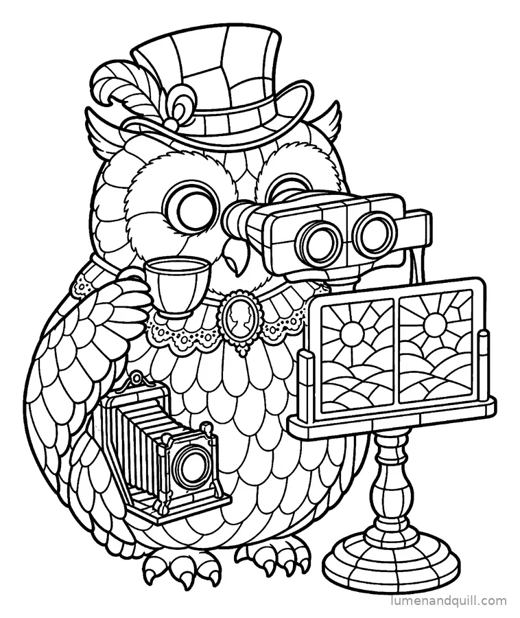 Dibujo para colorear de Bramwell the Gothic Owl: Vistas con el estereoscopio