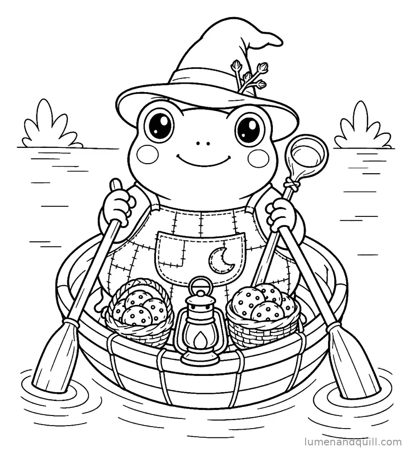 Dibujo para colorear de Clover's Clove Cookie Tea Stall: Barca de farolillos en el lago