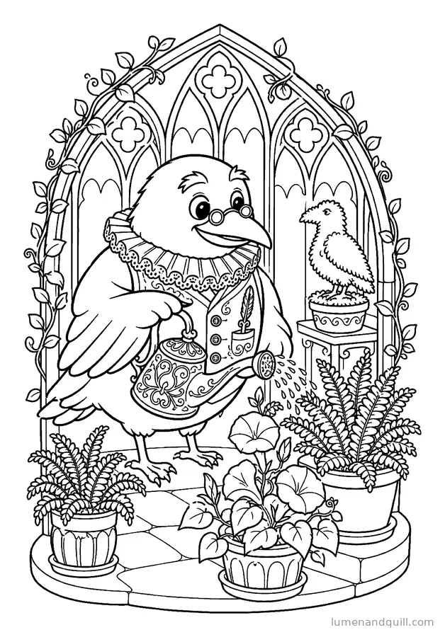 Disegno da colorare tratto da Corvid the Archivist: Annaffiare la serra