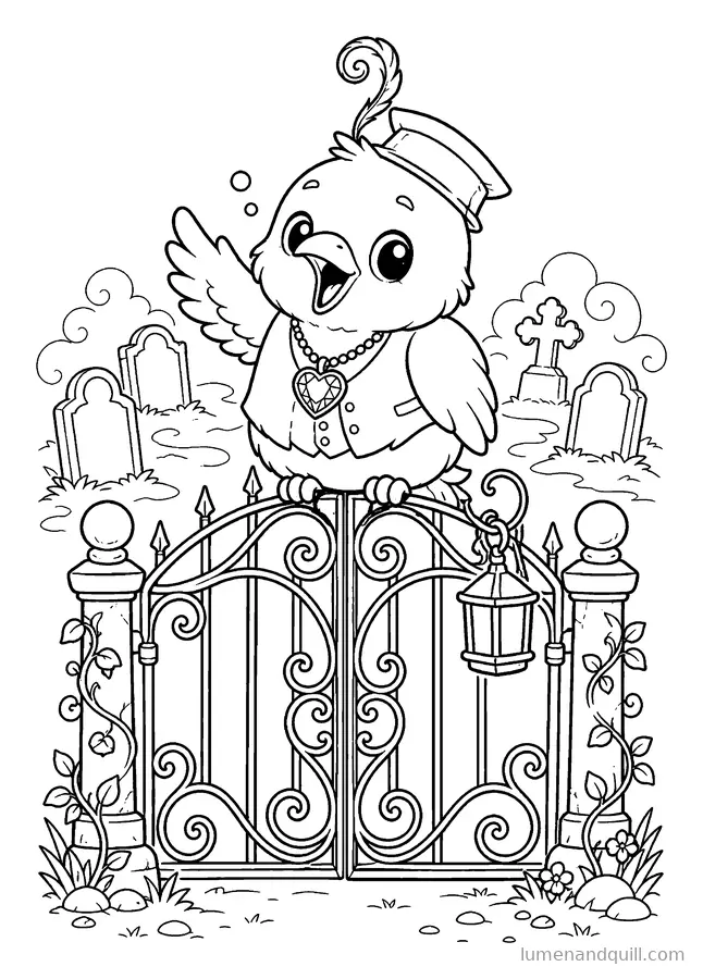 Ausmalbild aus Corvin's Cozy Crypt Catalog: Morgengrauen am Tor