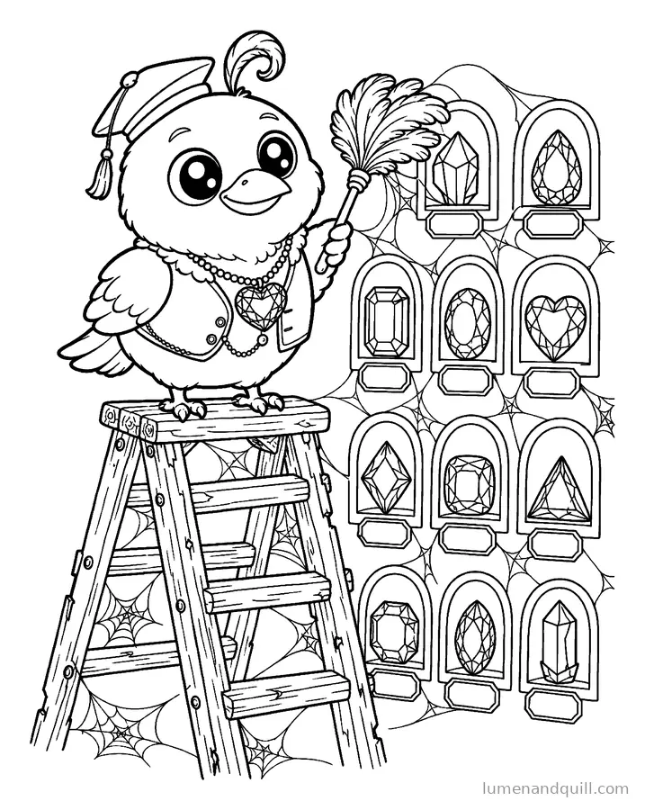 Ausmalbild aus Corvin's Cozy Crypt Catalog: Regale abstauben