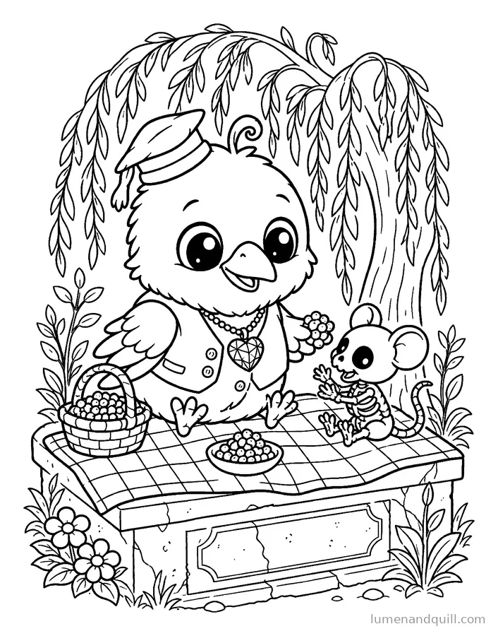 Ausmalbild aus Corvin's Cozy Crypt Catalog: Mittagspause zwischen den Grabsteinen