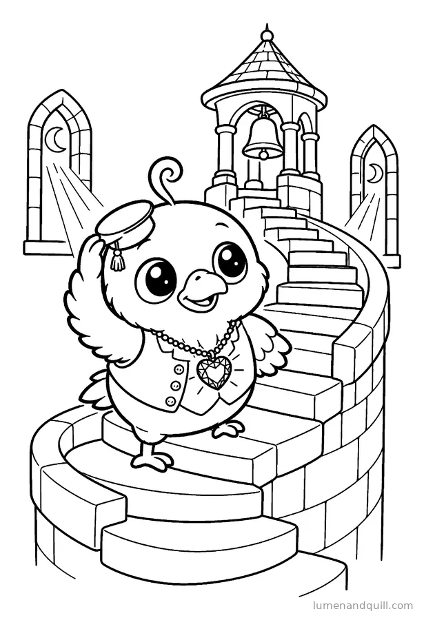Ausmalbild aus Corvin's Cozy Crypt Catalog: Hinauf zum Glockenturm
