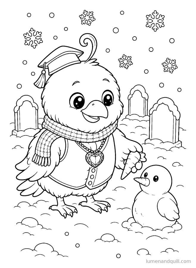 Ausmalbild aus Corvin's Cozy Crypt Catalog: Verschneiter Morgen