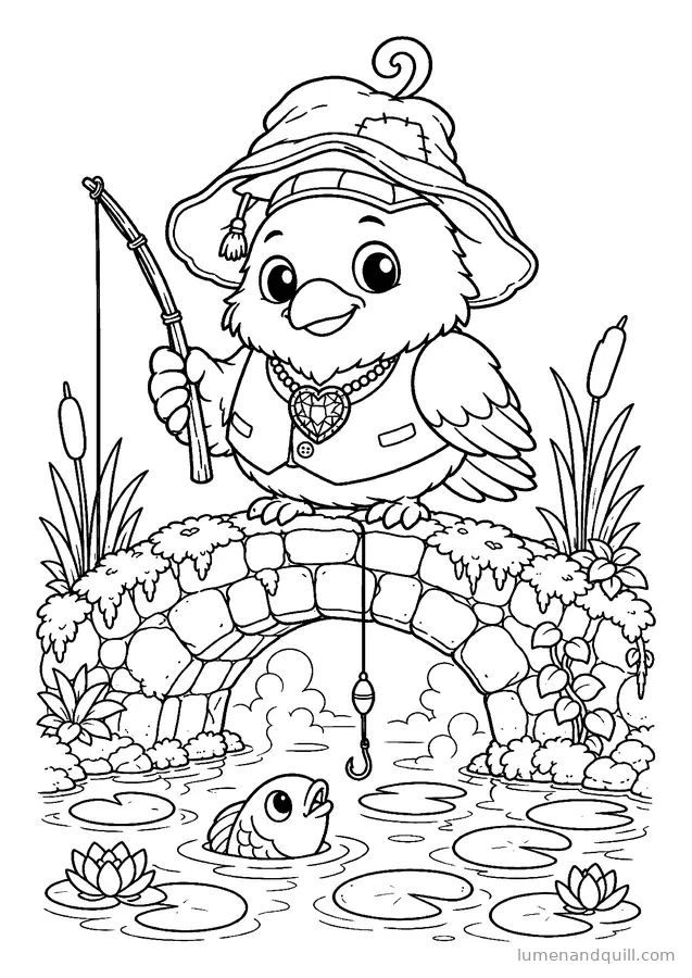 Ausmalbild aus Corvin's Cozy Crypt Catalog: Angeln von der alten Brücke