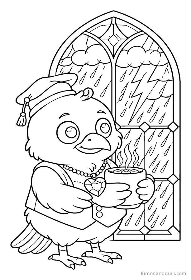 Ausmalbild aus Corvin's Cozy Crypt Catalog: Am Fenster bei Regen