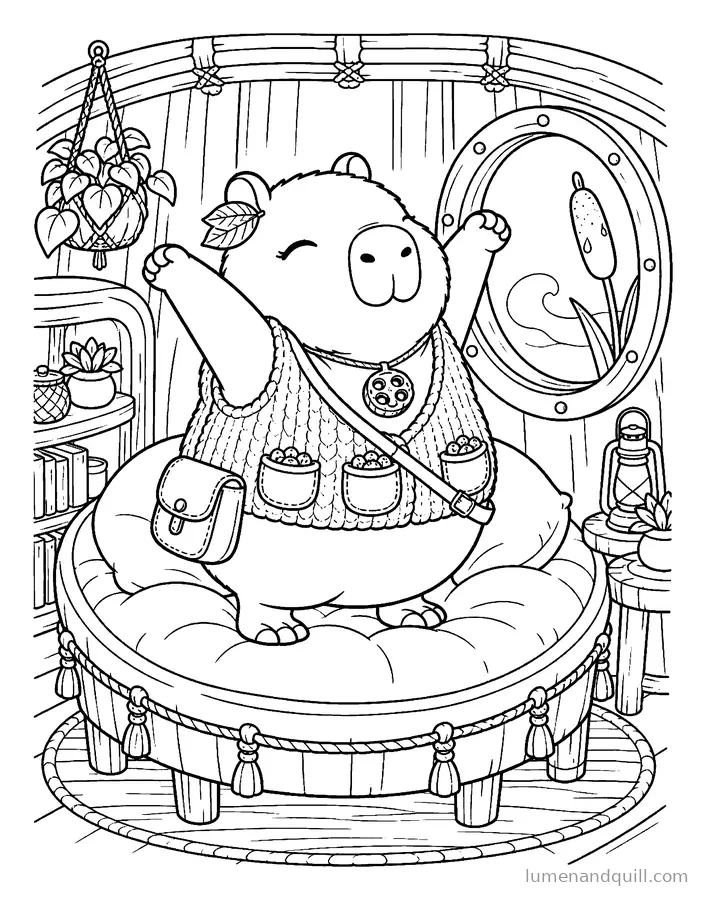 Ausmalbild aus Cozy Capybara Seed Keeper: Nebliges Aufwachen