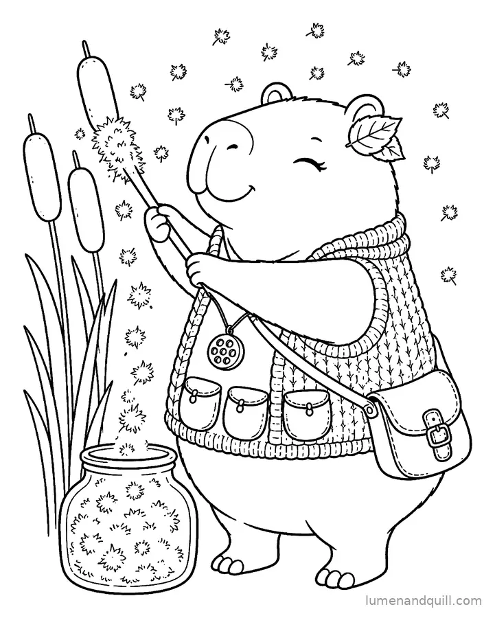Ausmalbild aus Cozy Capybara Seed Keeper: Rohrkolbenernte