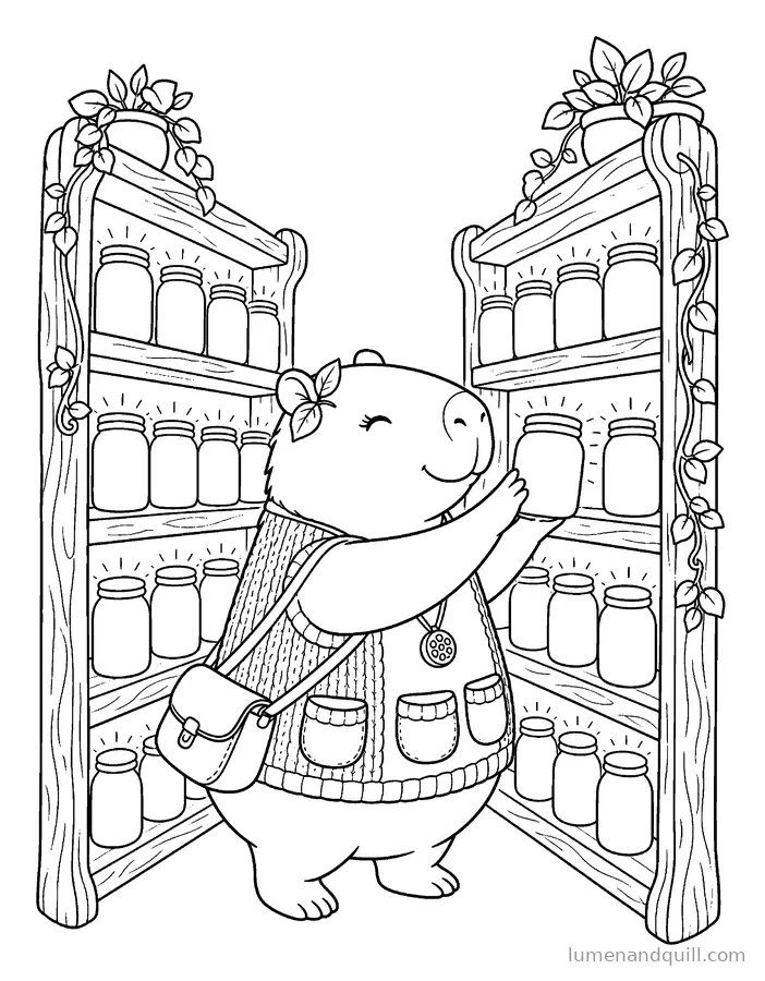 Ausmalbild aus Cozy Capybara Seed Keeper: Gläser einräumen
