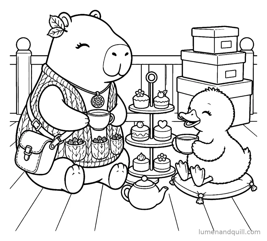 Ausmalbild aus Cozy Capybara Seed Keeper: Teepause