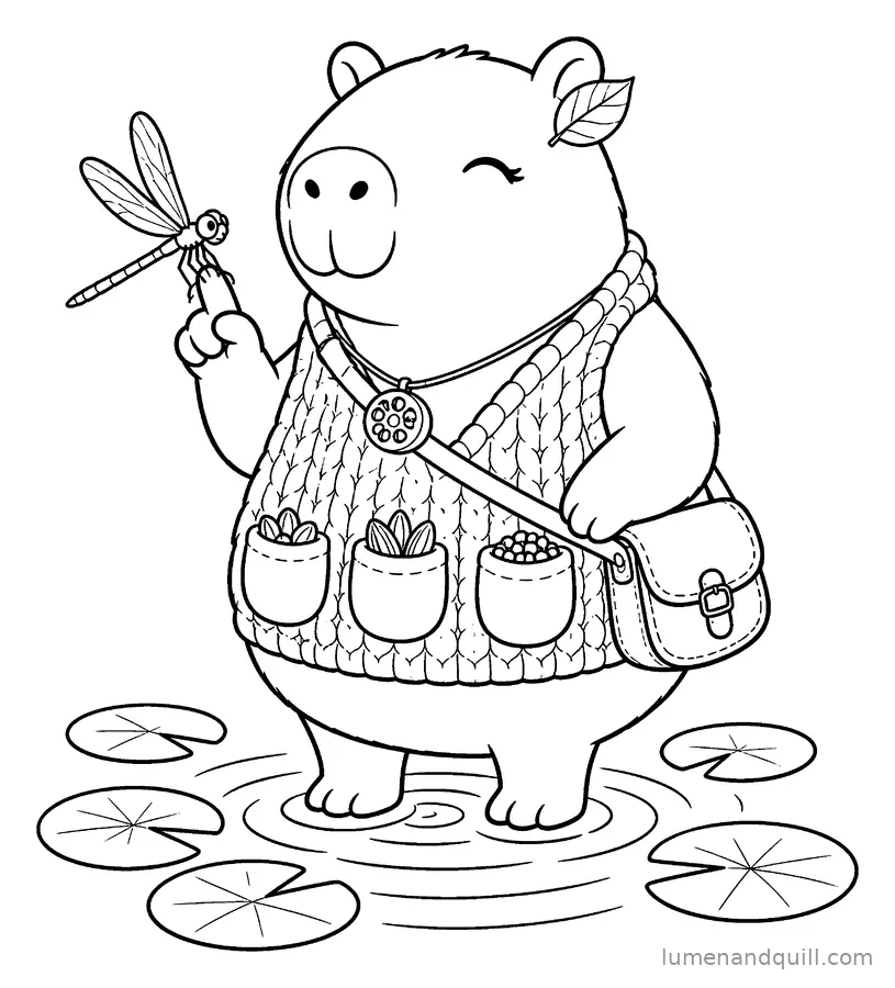 Ausmalbild aus Cozy Capybara Seed Keeper: Besuch der Libelle