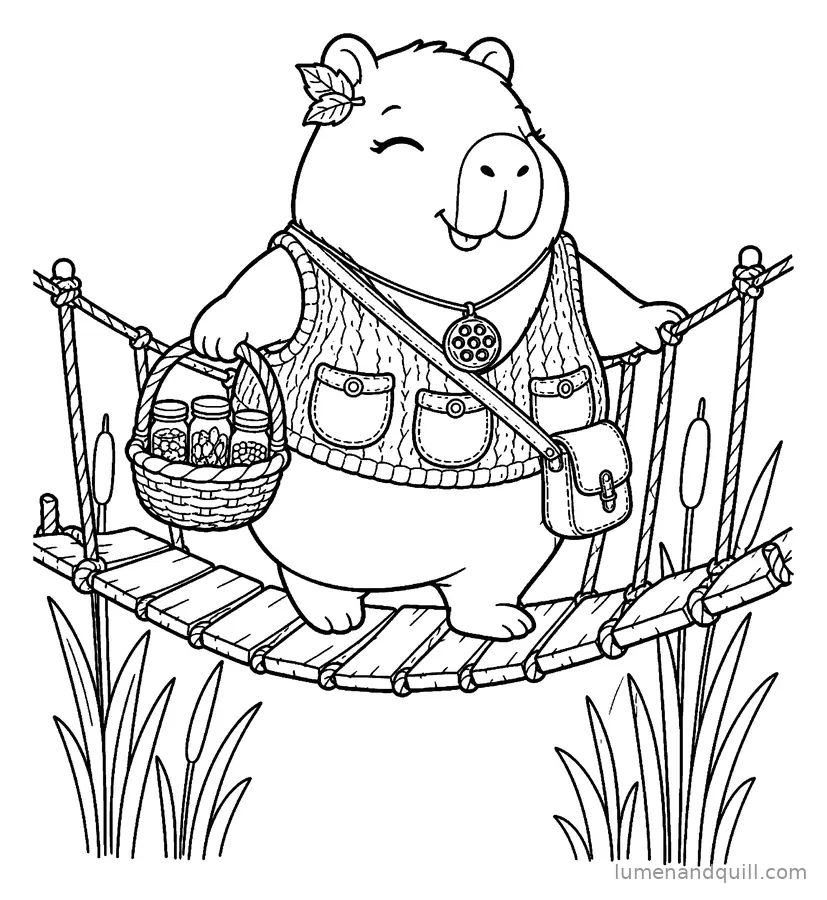 Ausmalbild aus Cozy Capybara Seed Keeper: Über die Seilbrücke