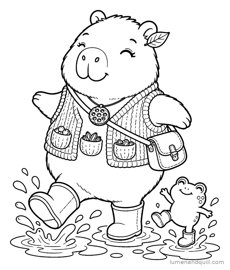 Ausmalbild aus Cozy Capybara Seed Keeper: Pfützenhüpfen