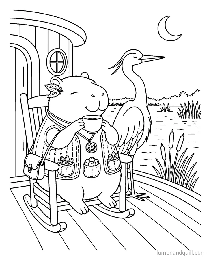 Ausmalbild aus Cozy Capybara Seed Keeper: Veranda-Tee mit dem Reiher