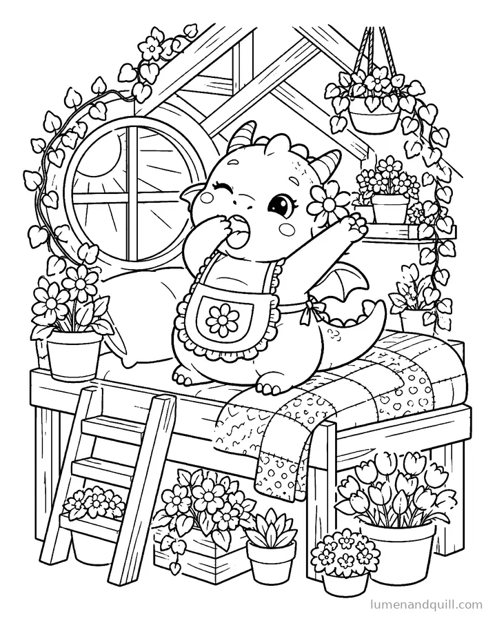 Dibujo para colorear de Ember's Cozy Flower Shop: Amanecer somnoliento