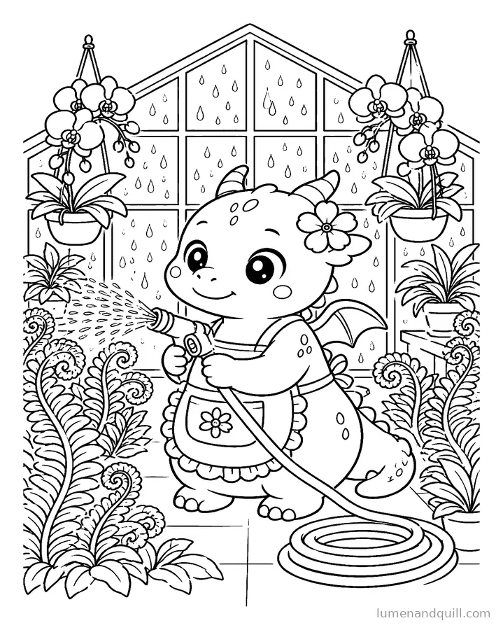 Dibujo para colorear de Ember's Cozy Flower Shop: Invernadero con neblina