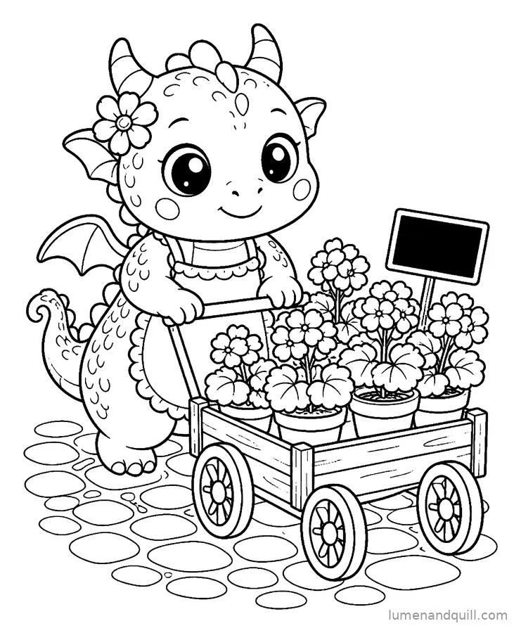 Dibujo para colorear de Ember's Cozy Flower Shop: El carrito de flores