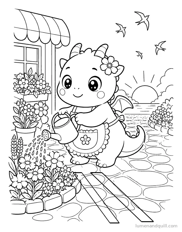 Dibujo para colorear de Ember's Cozy Flower Shop: Riego al atardecer