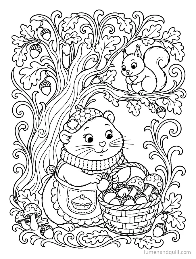 Coloring page from Fig's Amber Tart Inn: Gathering Acorns