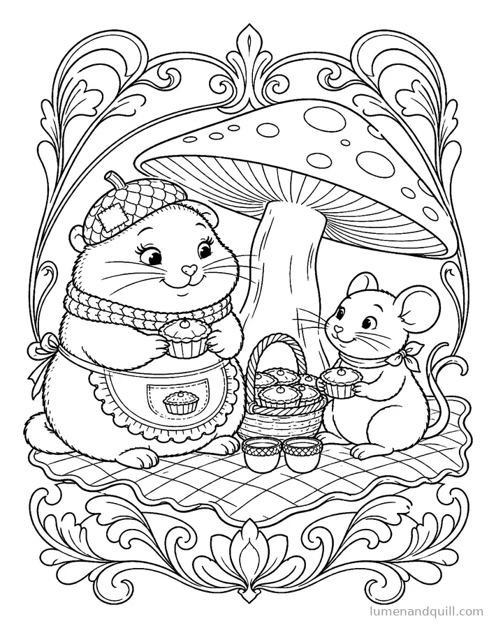 Coloring page from Fig's Amber Tart Inn: Mushroom-Cap Picnic