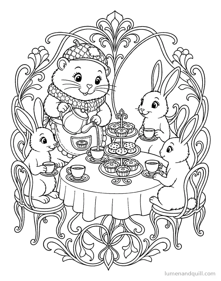 Coloring page from Fig's Amber Tart Inn: Tea for the Rabbits