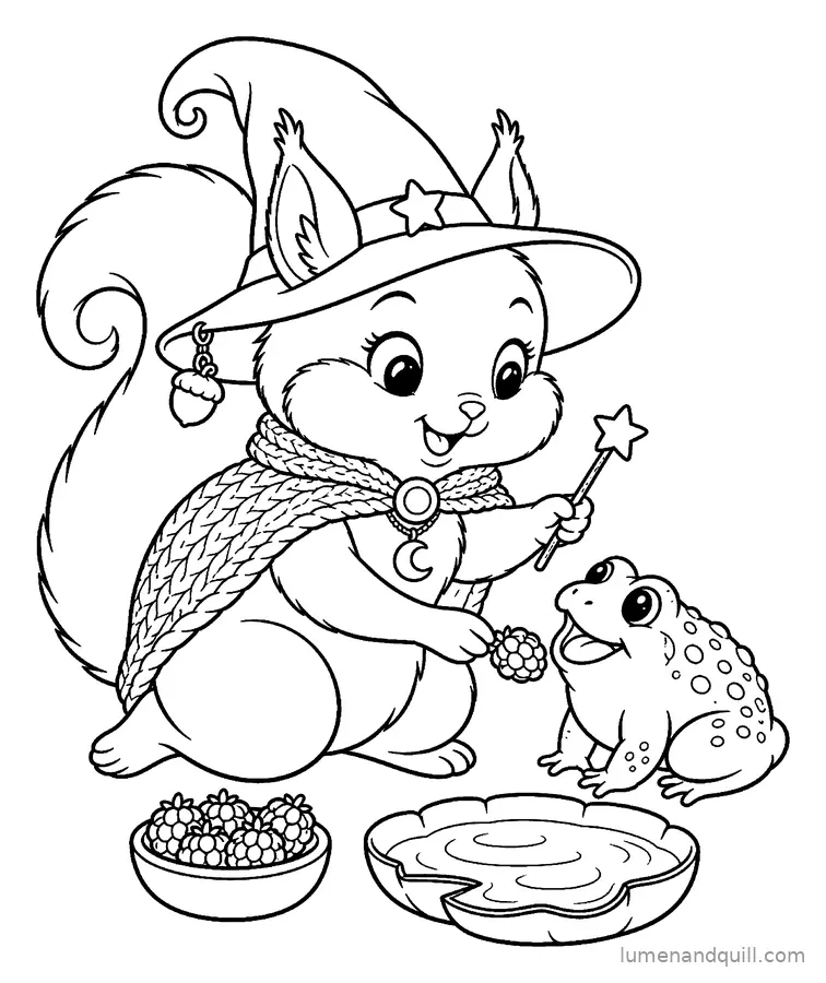 Ausmalbild aus Hazel the Witchy Squirrel: Kröte Pip füttern