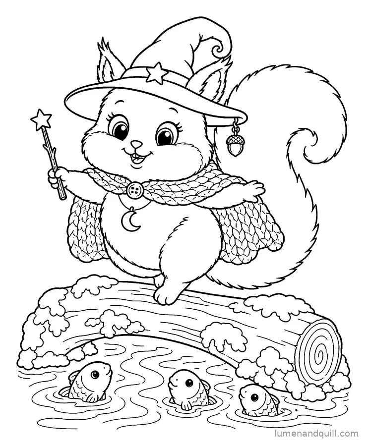 Ausmalbild aus Hazel the Witchy Squirrel: Kleine Baumstammbrücke