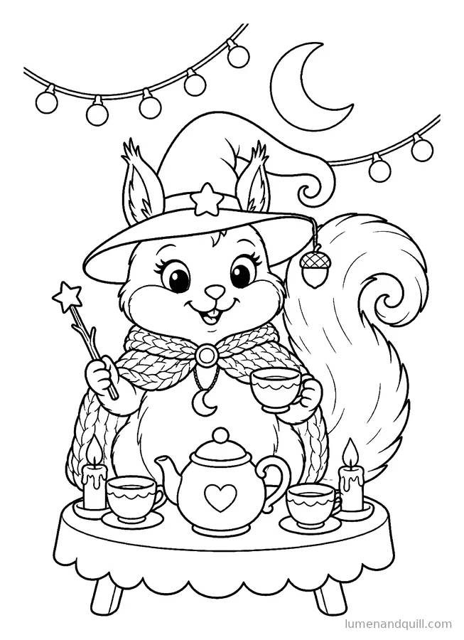 Ausmalbild aus Hazel the Witchy Squirrel: Tisch im Mondschein