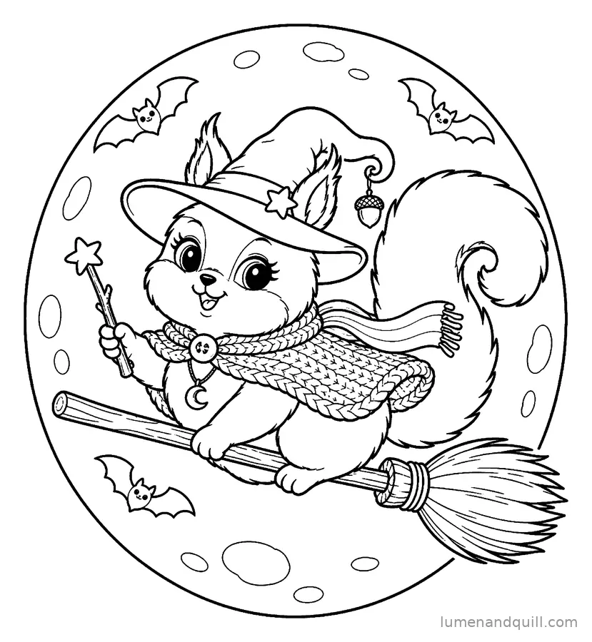 Ausmalbild aus Hazel the Witchy Squirrel: Ritt unter dem Erntemond