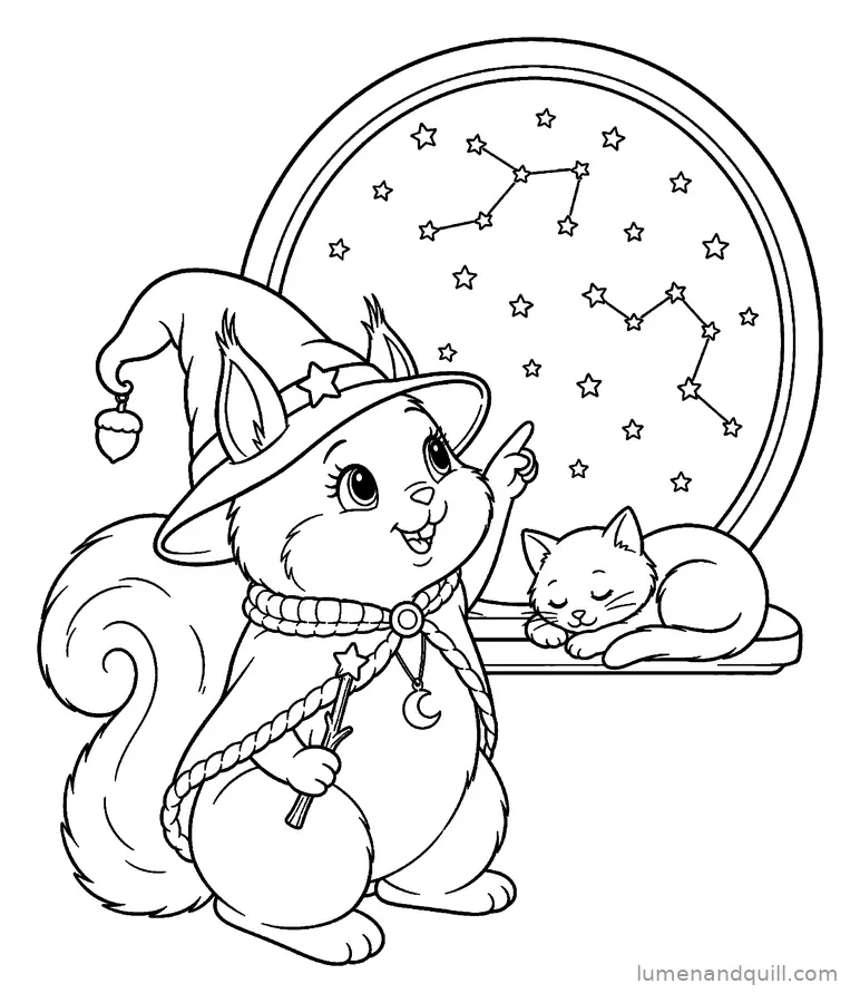 Ausmalbild aus Hazel the Witchy Squirrel: Sternbilder am Fenster