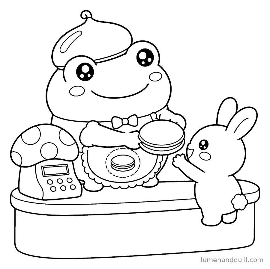 Disegno da colorare tratto da Kuri the Frog's Cozy Dorayaki Cafe: Il primo cliente