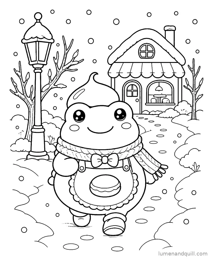 Disegno da colorare tratto da Kuri the Frog's Cozy Dorayaki Cafe: Passeggiata sulla neve
