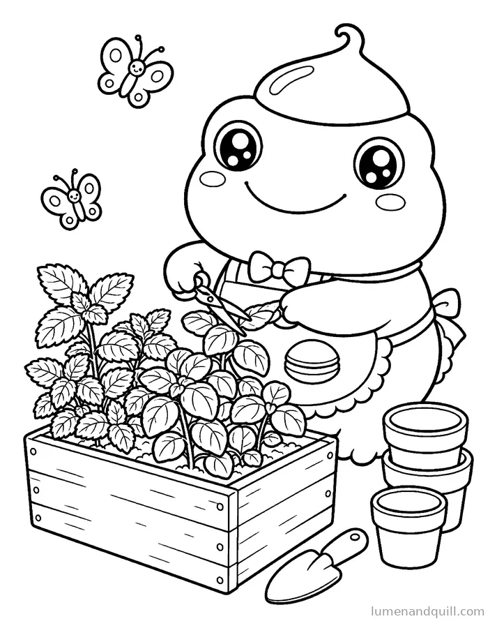 Disegno da colorare tratto da Kuri the Frog's Cozy Dorayaki Cafe: Orto di erbe aromatiche sul tetto