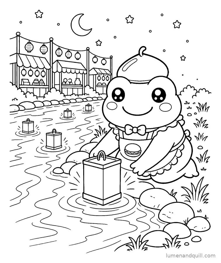 Disegno da colorare tratto da Kuri the Frog's Cozy Dorayaki Cafe: Festa delle lanterne sul fiume