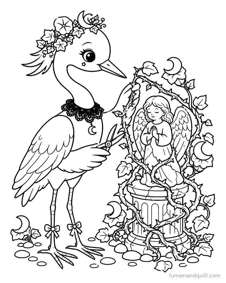 Coloring page from Luna's Gothic Moon Garden: Angel Statue