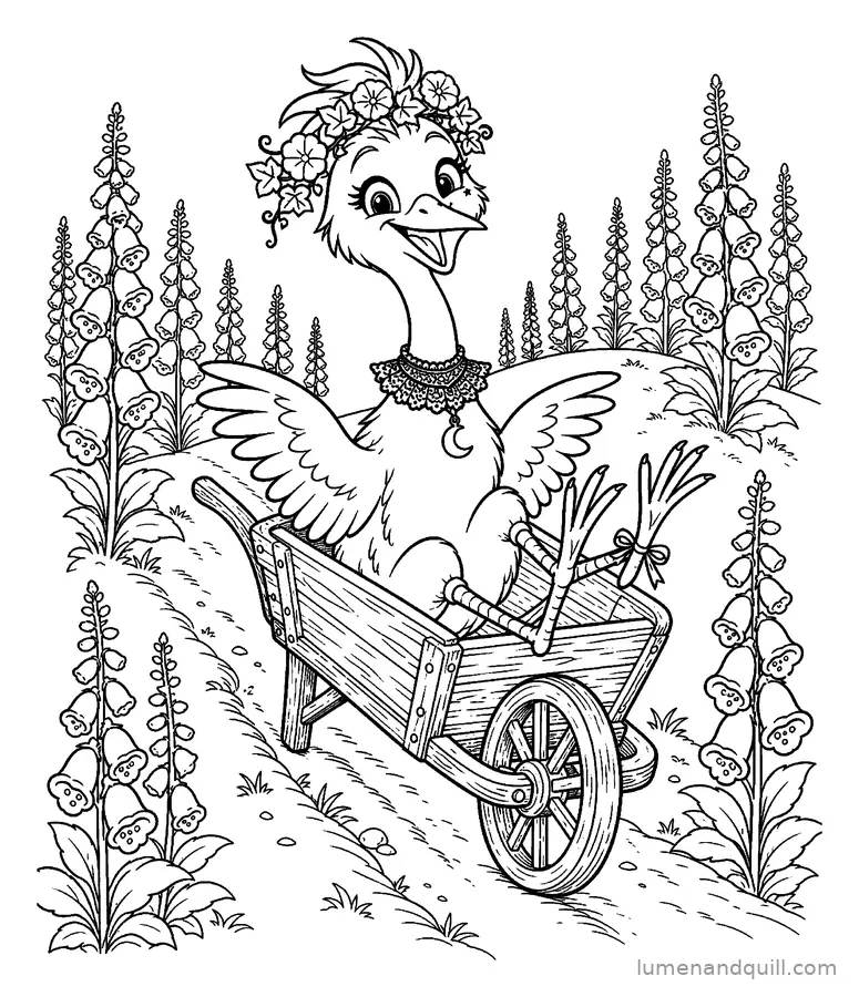 Coloring page from Luna's Gothic Moon Garden: Wheelbarrow Ride