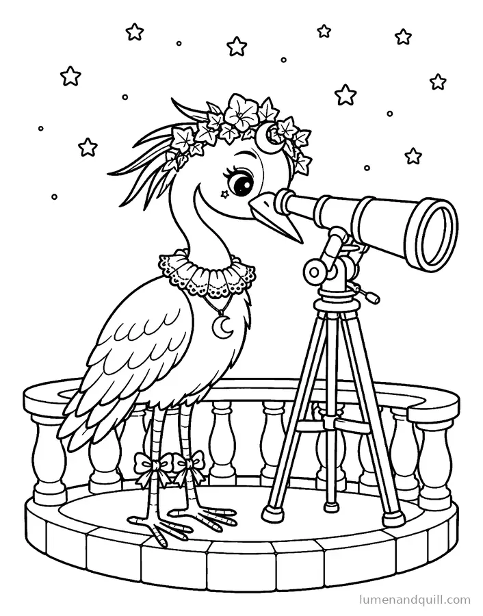 Coloring page from Luna's Gothic Moon Garden: Telescope Balcony