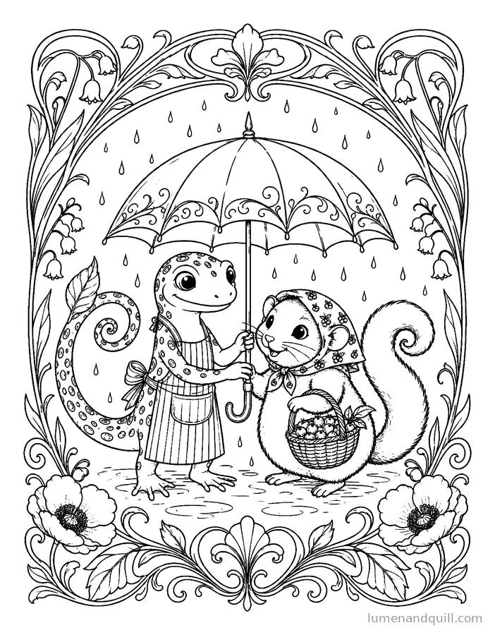 Ausmalbild aus Market Day Friends: Plötzlicher Nieselregen