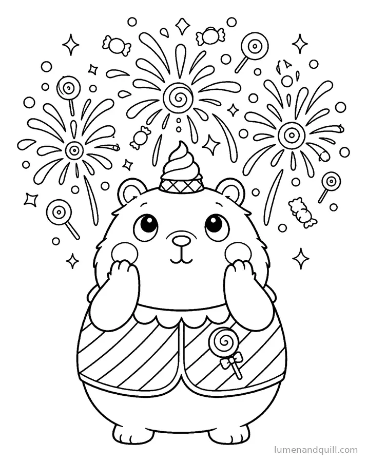 Ausmalbild aus Marzi's Confectionery Carousel: Feuerwerk beobachten