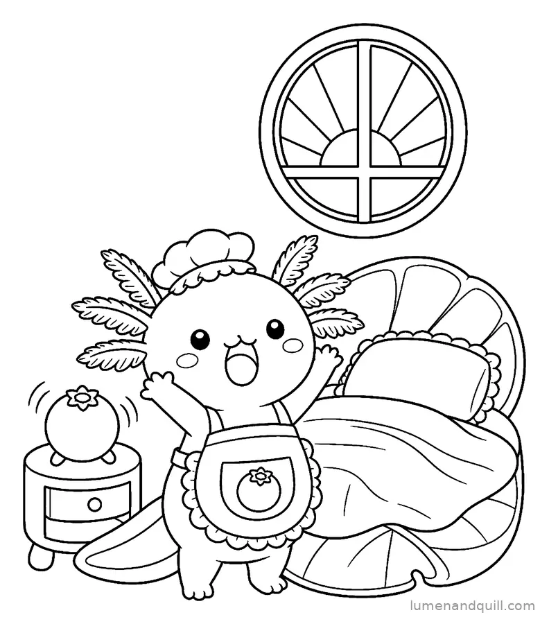 Disegno da colorare tratto da Mochi the Axolotl's Crepe Cart: Sbadiglio del buongiorno