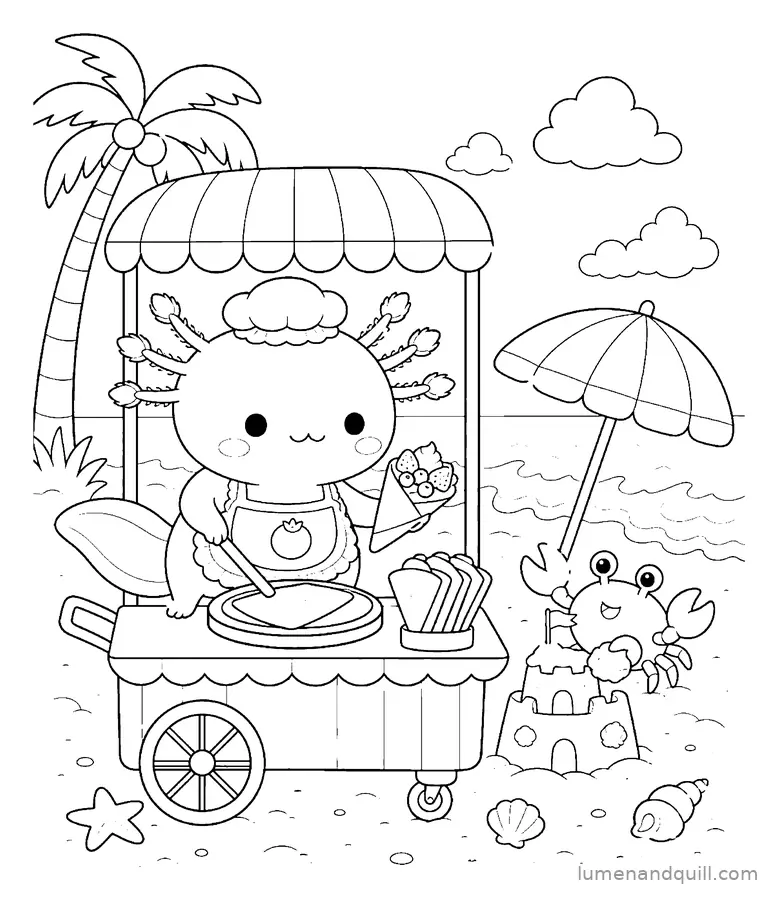 Disegno da colorare tratto da Mochi the Axolotl's Crepe Cart: Sera in spiaggia con il carretto